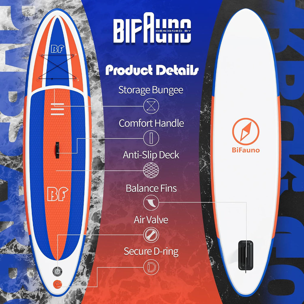 Bifanuo Inflatable Stand Up Paddle Board with SUP Accessories & Backpack. Paddle Boards for Adults. Non-Slip Deck, Wide Stance, Bottom Fin, Double Action Pump.