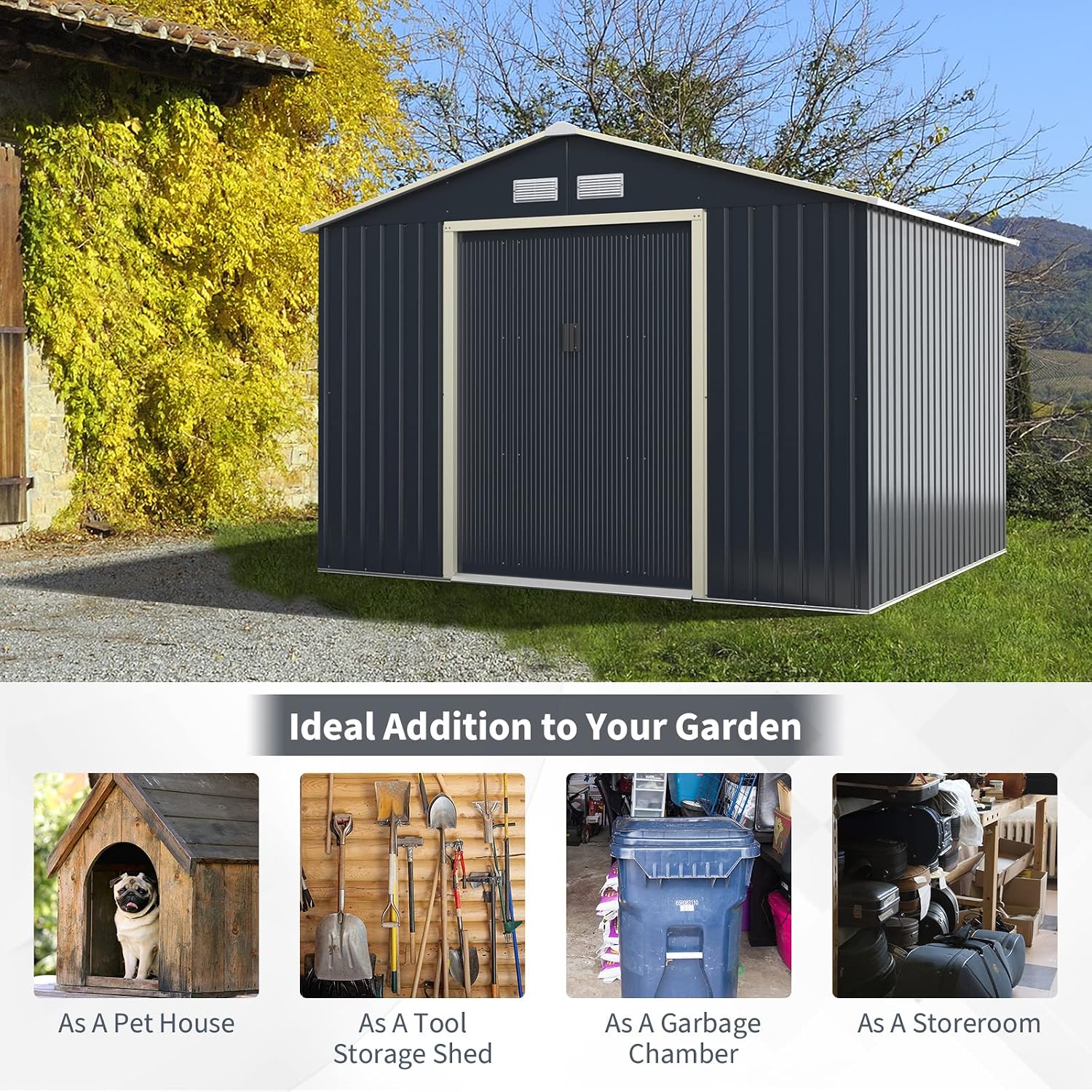 Goplus Storage Shed, Metal 9' X 8' Outdoor Building Organizer with 4 Vents & Double Sliding Door for Garden Backyard Farm (9'X8')