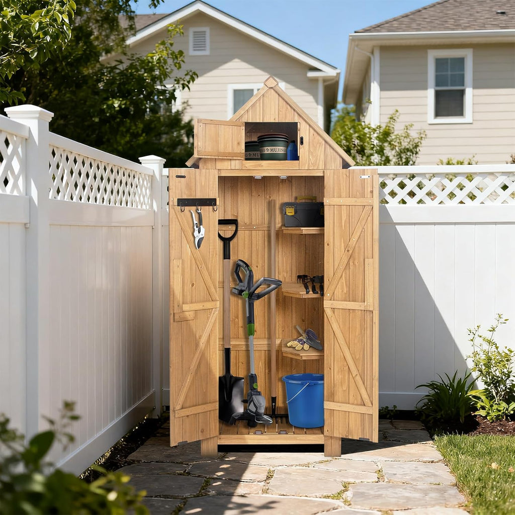 Wooden Outdoor Storage Shed with Double Doors,70' Tall Waterproof Storage Shed with Lock,Sheds & Outdoor Storage with Windproof Tipping for Deck,Backyard Garden and Yard