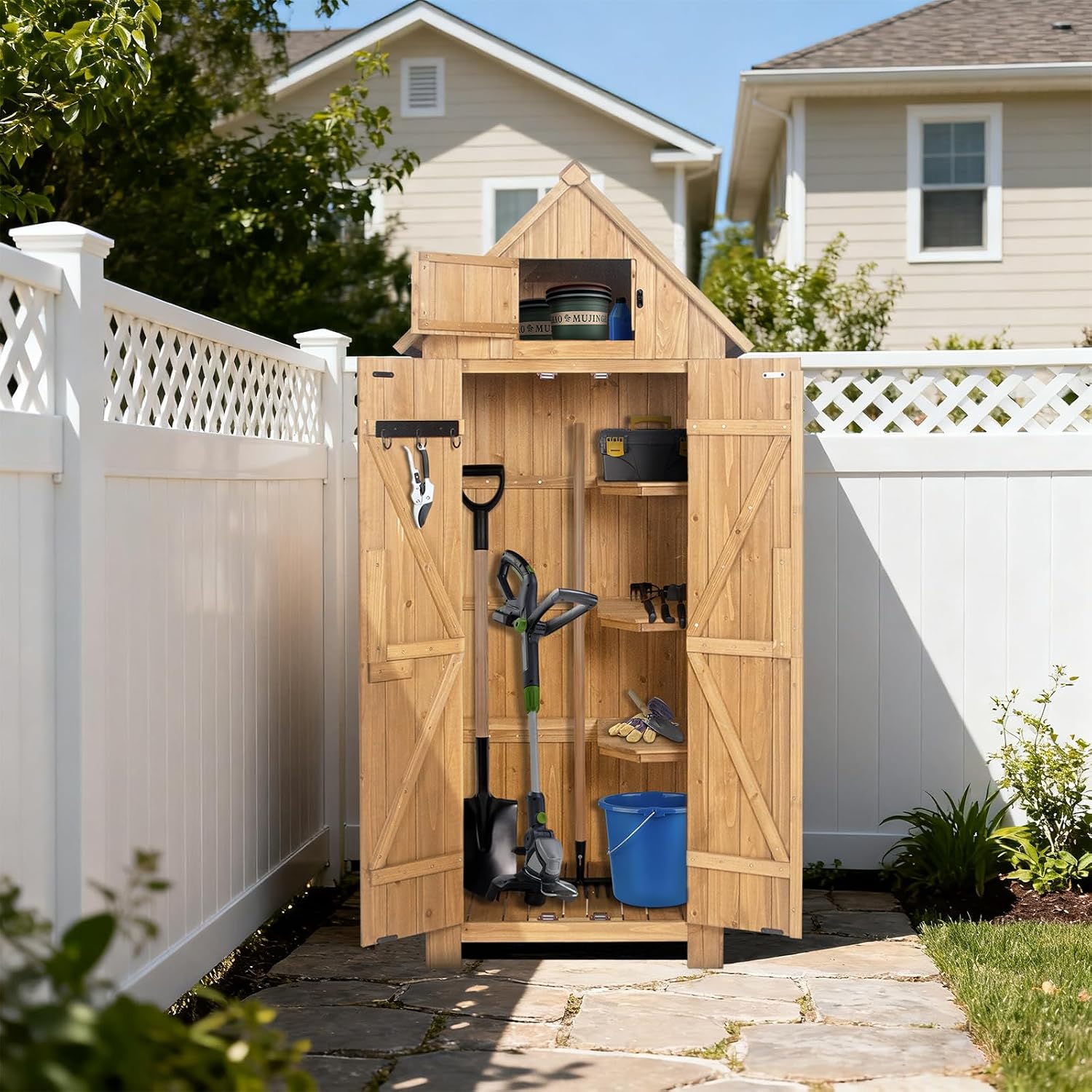 Wooden Outdoor Storage Shed with Double Doors,70' Tall Waterproof Storage Shed with Lock,Sheds & Outdoor Storage with Windproof Tipping for Deck,Backyard Garden and Yard