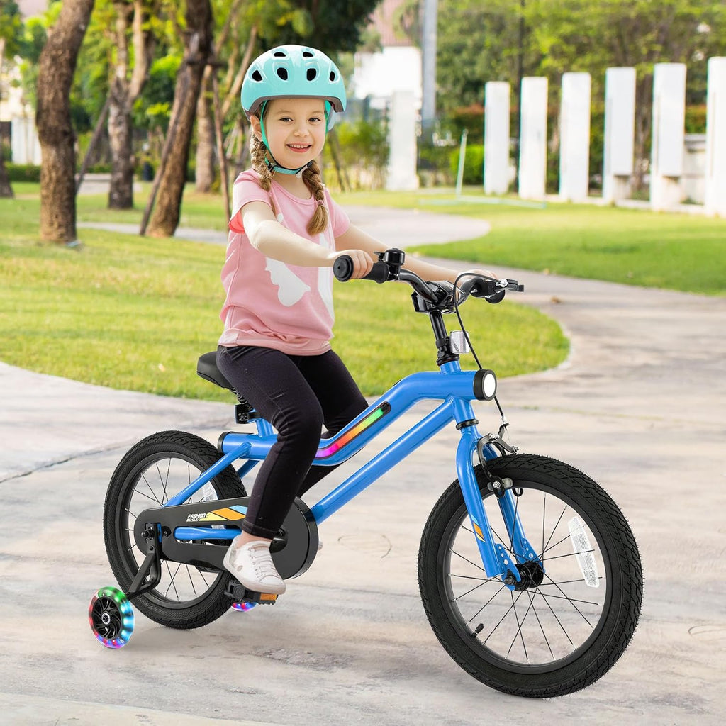 BABY JOY Lighted Kids Bike, 16 18 Inch Children Bicycle with 7-Mode LED Lighted Frame, Headlight, Flash Training Wheels, Dual-Brake, 95% Pre-Assembled, Girls Boys Bike for 4-8 Years