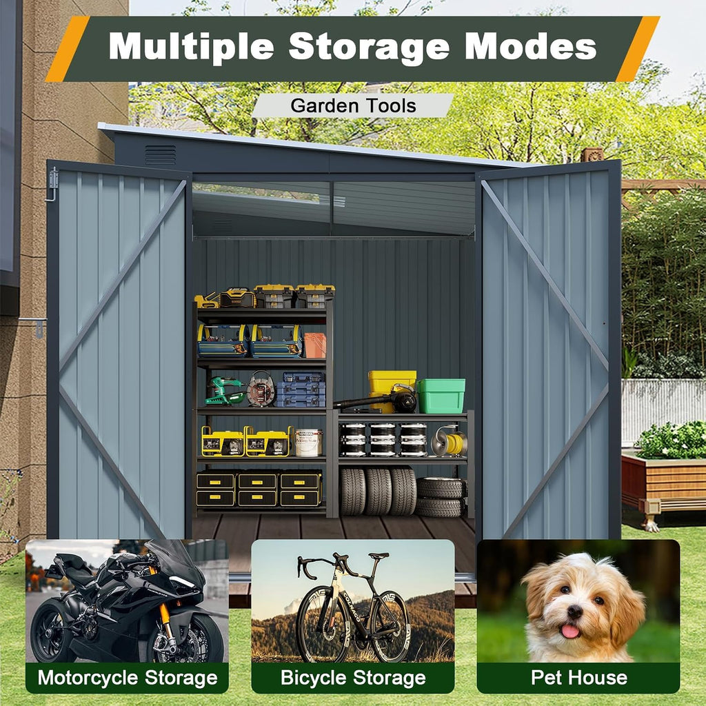 6x8 FT Metal Storage Shed with Skylight, Metal Lean to Garden Shed with Lockable Double Doors for Garden Tools, Lawn Mower, Motorcycle, Outside Storage Shed Waterproof for Backyard, Patio