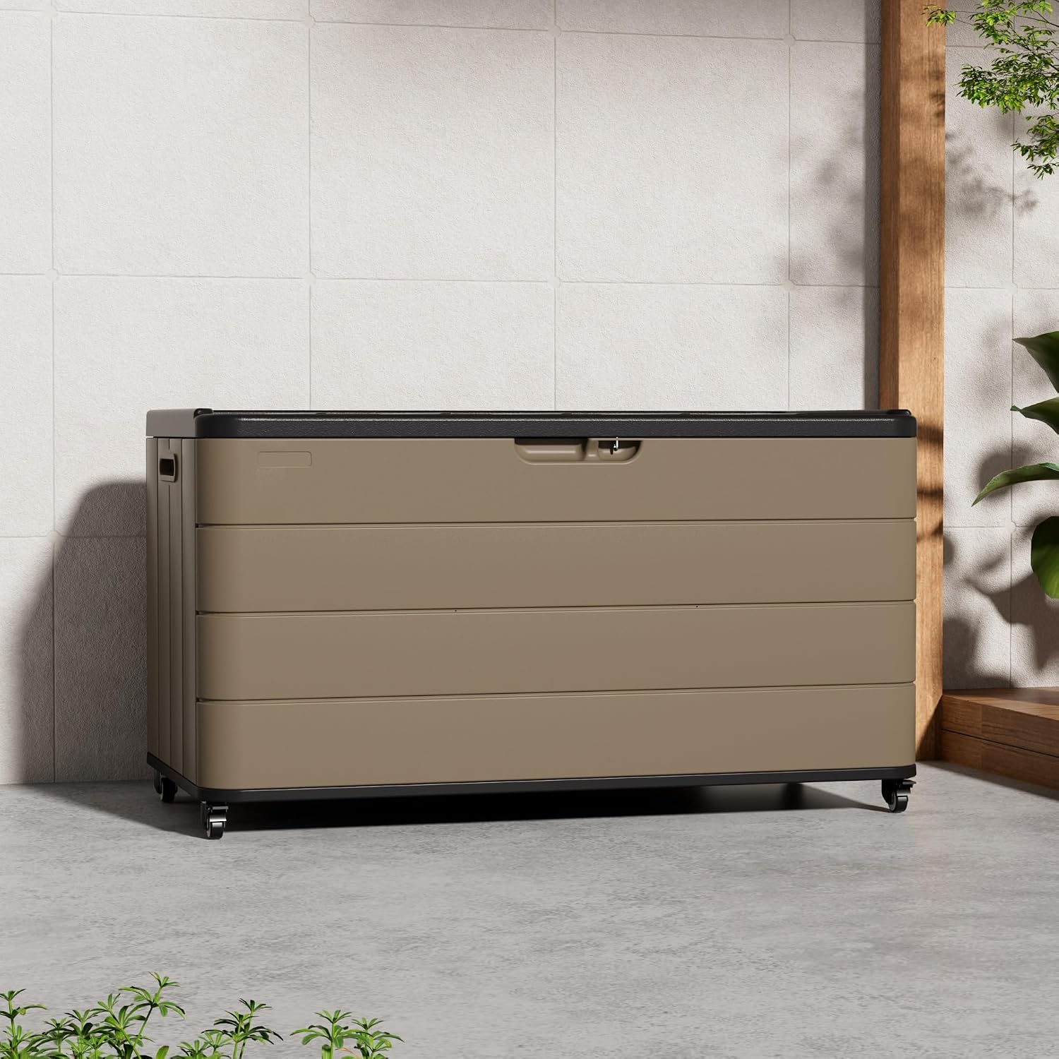 Mrosaa 110 Gallon Deck Box Waterproof with Wheels - Mobile Double-Wall Resin Outdoor Storage Box for Patio, Pool, & Garden - Lockable Deck Storage for Cushions, Pool Floats, Boat Slip (Brown)