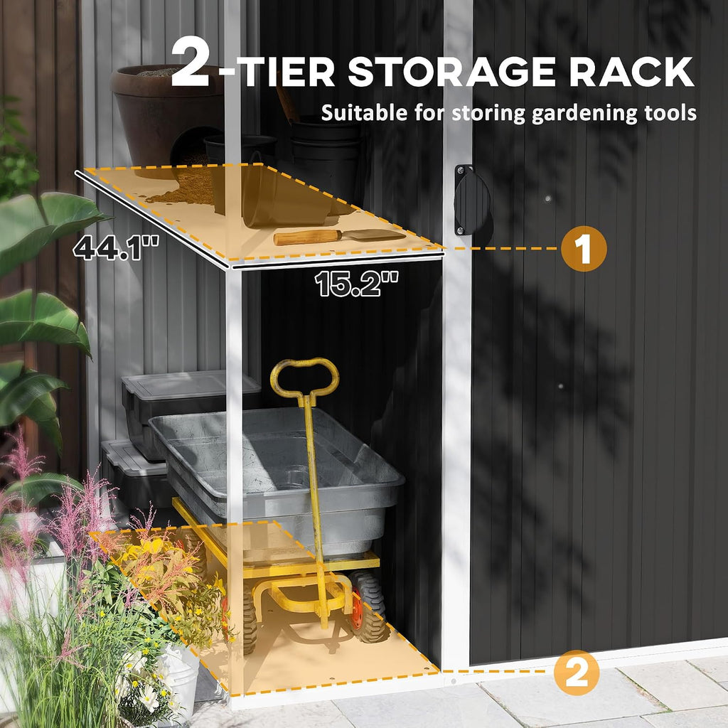 Outsunny 8 x 4ft Outdoor Storage Shed with Lock, 2-Tier Storage Rack, Air Vents, Garden Tool Shed for Backyard, Patio, Lawn, Dark Gray