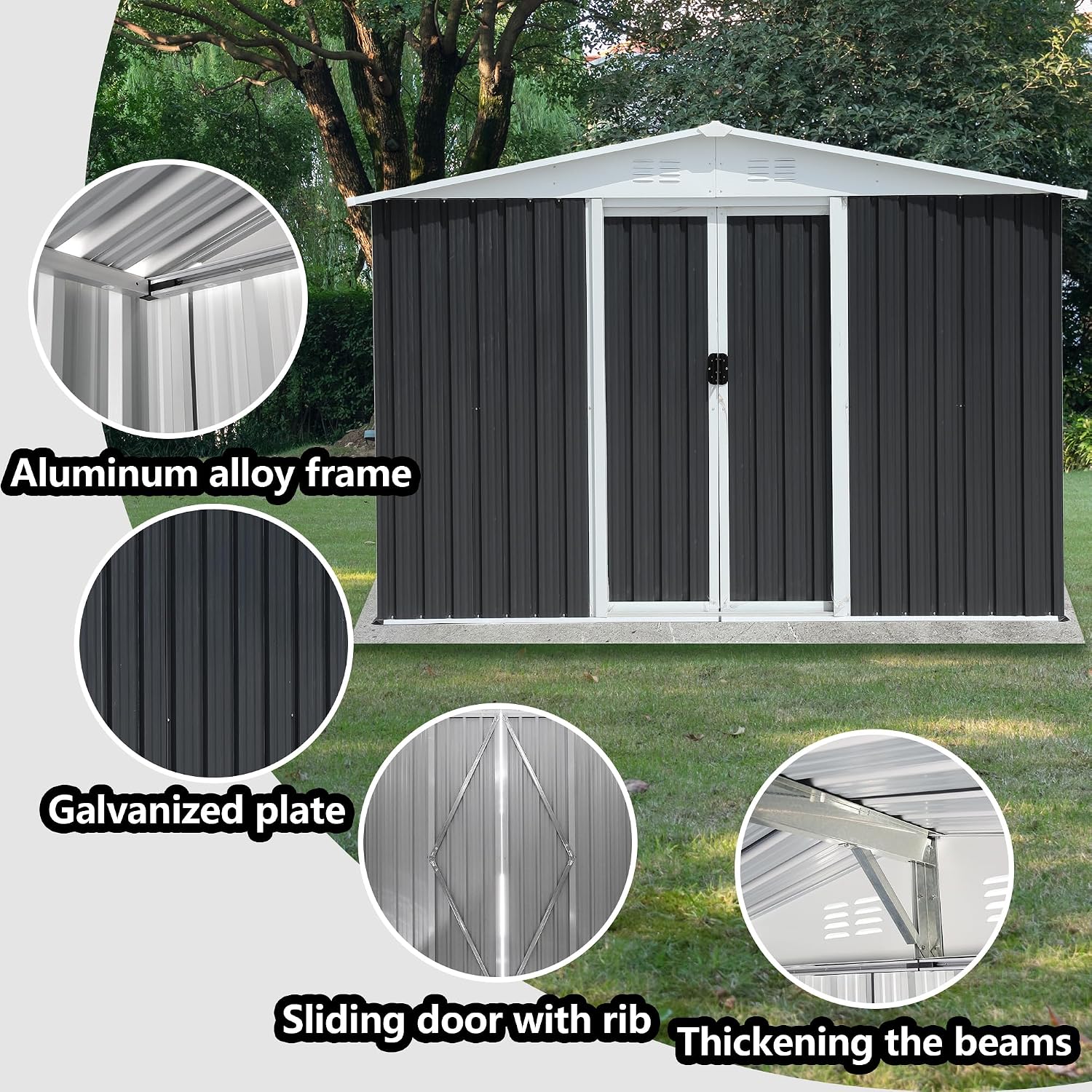 YOPTO 8x6 FT Outdoor Storage Shed,Metal Shed with Sliding Door & Air Vent,Garden Shed W/Sloped Roof,All Weather Waterproof Tool House for Backyard,Patio,Garage,Lawn,Grey
