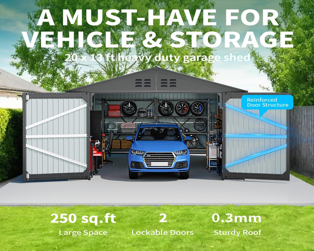 Updated 20 x 13 FT Outdoor Storage Shed, Large Metal Garden Shed with 2 Lockable Doors, Tool Shed Outdoor Storage with 4 Air Vents, Garage Shed Waterproof for Car, Truck, Bike, Garbage, Black