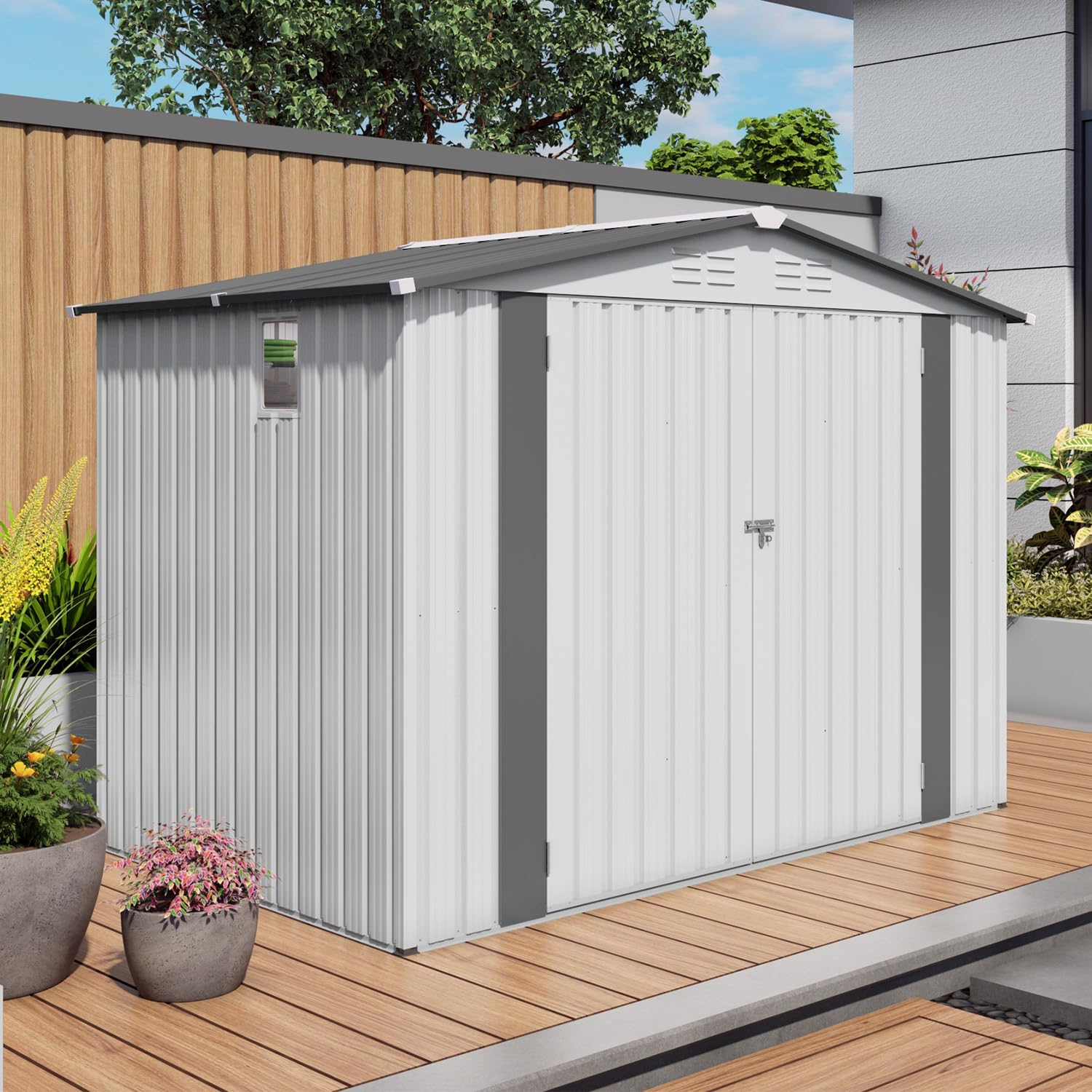 8x6 FT Outdoor Storage Shed, Metal Garden Shed with Window, Outside Tool Sheds with Lockable Hinged Doors, Waterproof Storage Building with 4 Air Vents for Backyard, Patio, Lawn, White