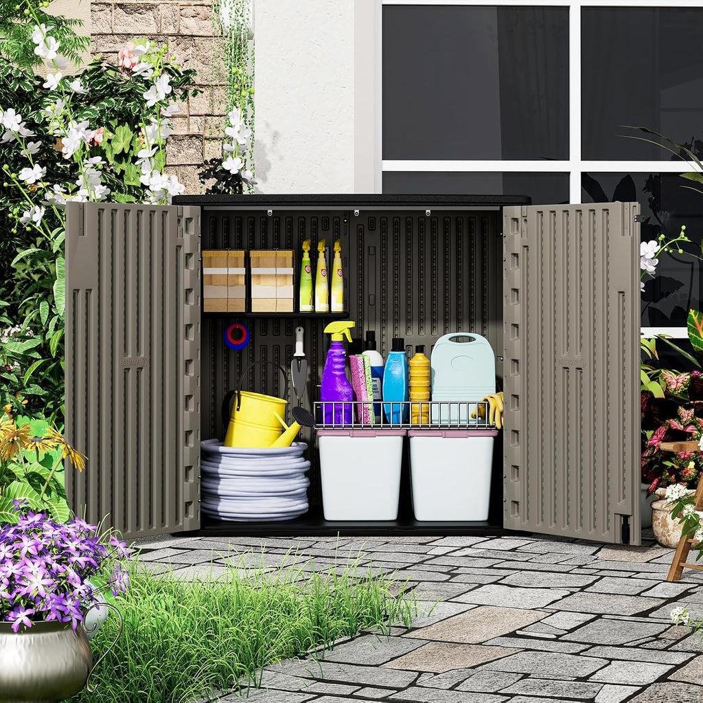 ZZM 37 Cu.ft Outdoor Storage Shed with Floor HDPE Double-Wall Resin Sheds Outdoor Storage, Lockable Weatherproof Storage Cabinet Fit for Garden Tools, Garage can, Bike, Patio Furniture, Brown