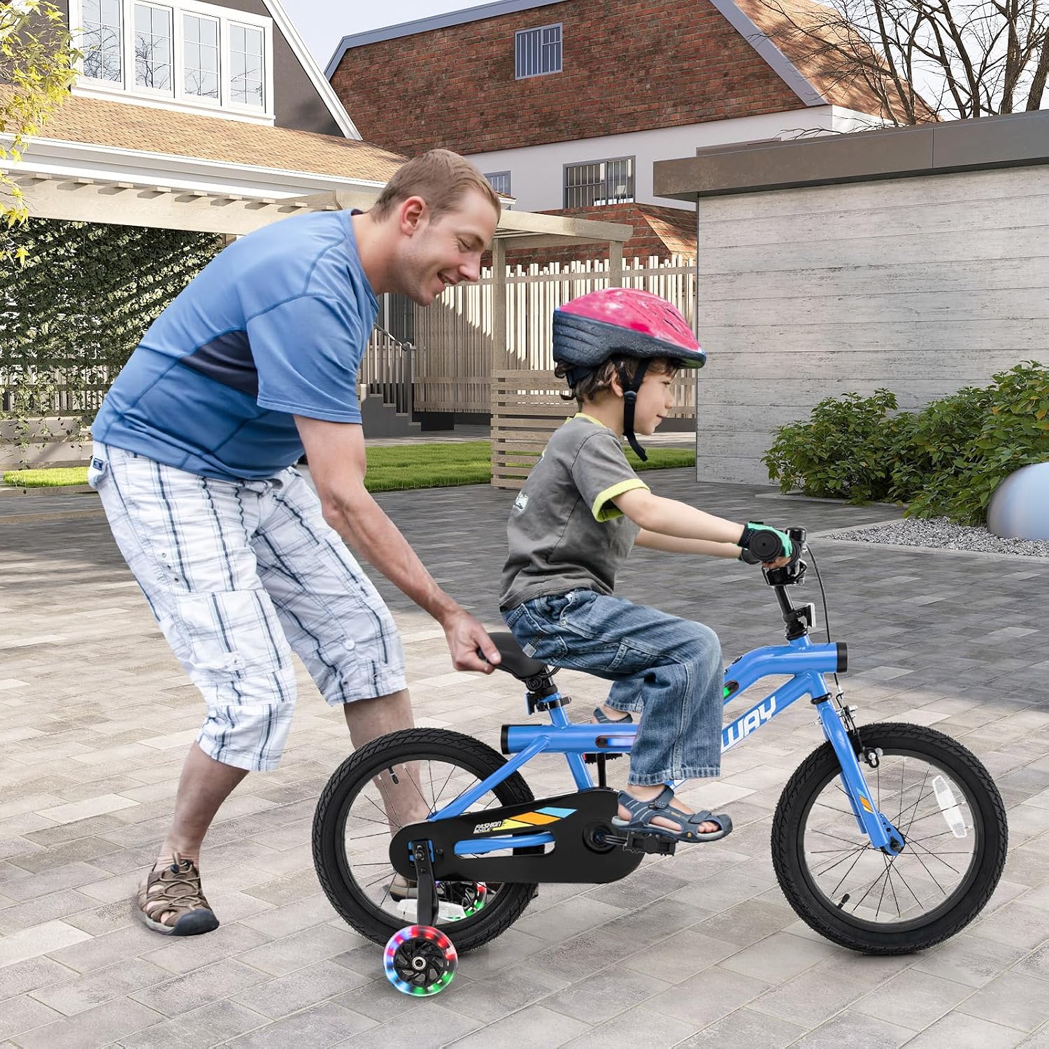 COSTWAY 16'/18' Lighted Kids Bike, Children Sport Bicycle with LED Light-up Frame, Adjustable Saddle, Training Wheels, Handbrake & Coaster Brake, Kids Riding Bike for 4-7/4-8 Years Old Boys & Girls