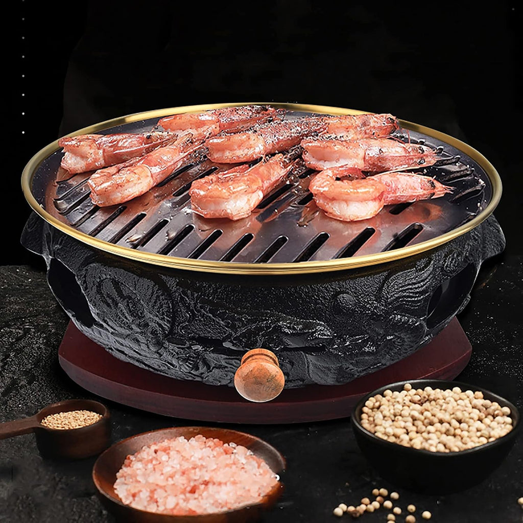 BBQ Barbeque Barbecue Grill, BBQ, Top Korean Smokeless Charcoal Dragon Pattern Cast Iron Grill, Stainless Steel Striped Plate, 18 Styles (Color : Q)