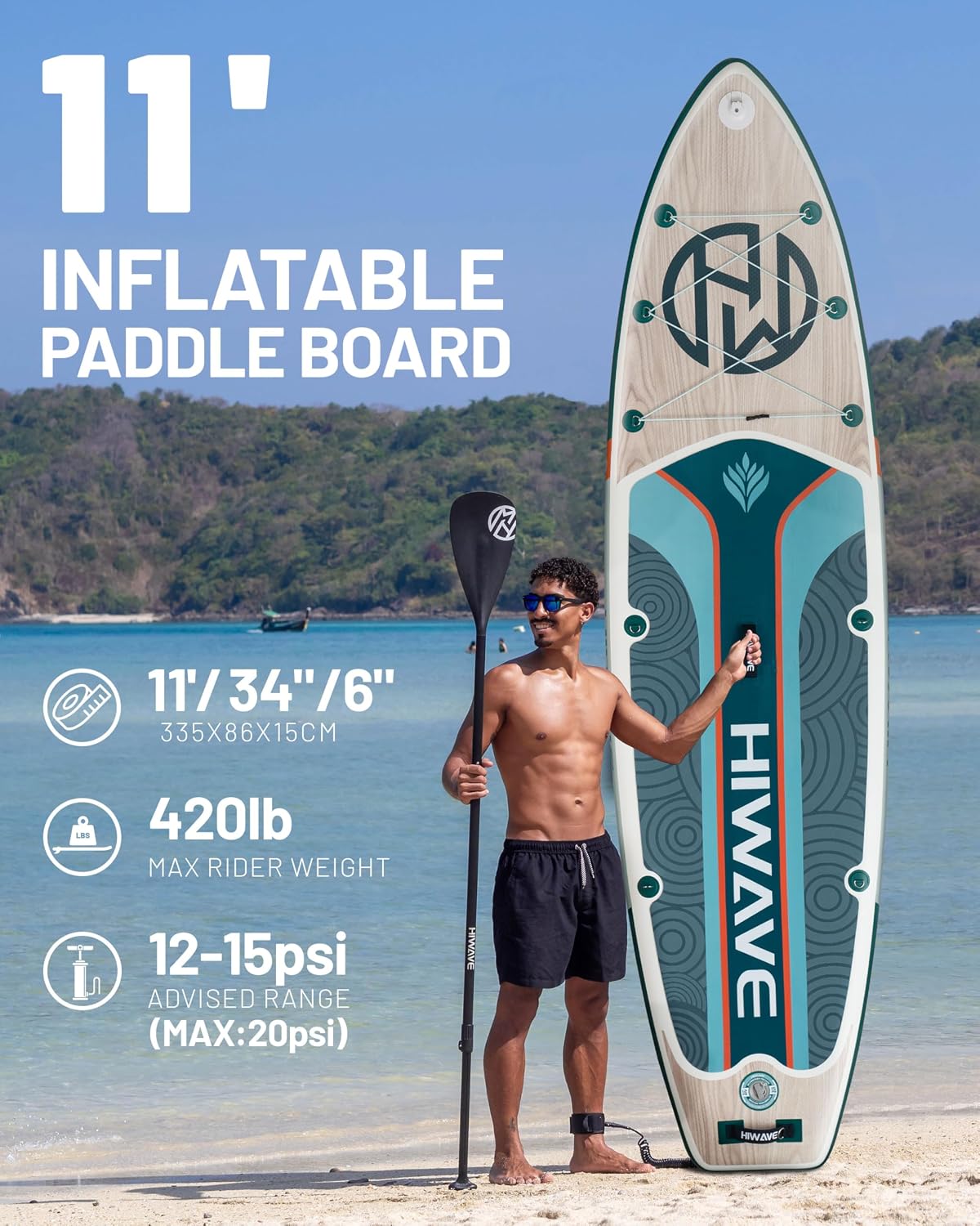 Hiwave Inflatable Paddle Board 11 '* 34 '* 6' Extra Wide Sup Board, 420lb Capacity Paddle Board for Adults, Suitable for Sea and Lakes, 2+1Family Board