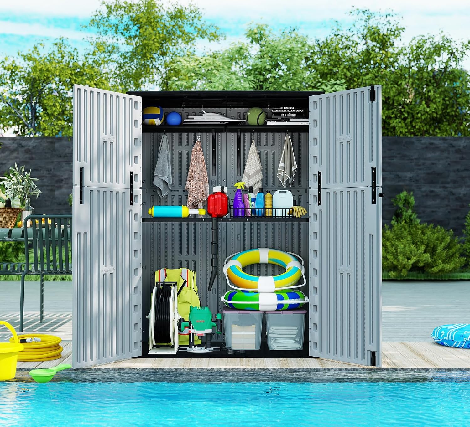 ZZM 57 Cu.ft Outdoor Storage Shed with Floor HDPE Double-Wall Resin Sheds Outdoor Storage, Lockable Weatherproof Storage Cabinet Fit for Garden Tools, Garage can, Bike, Patio Furniture, Grey