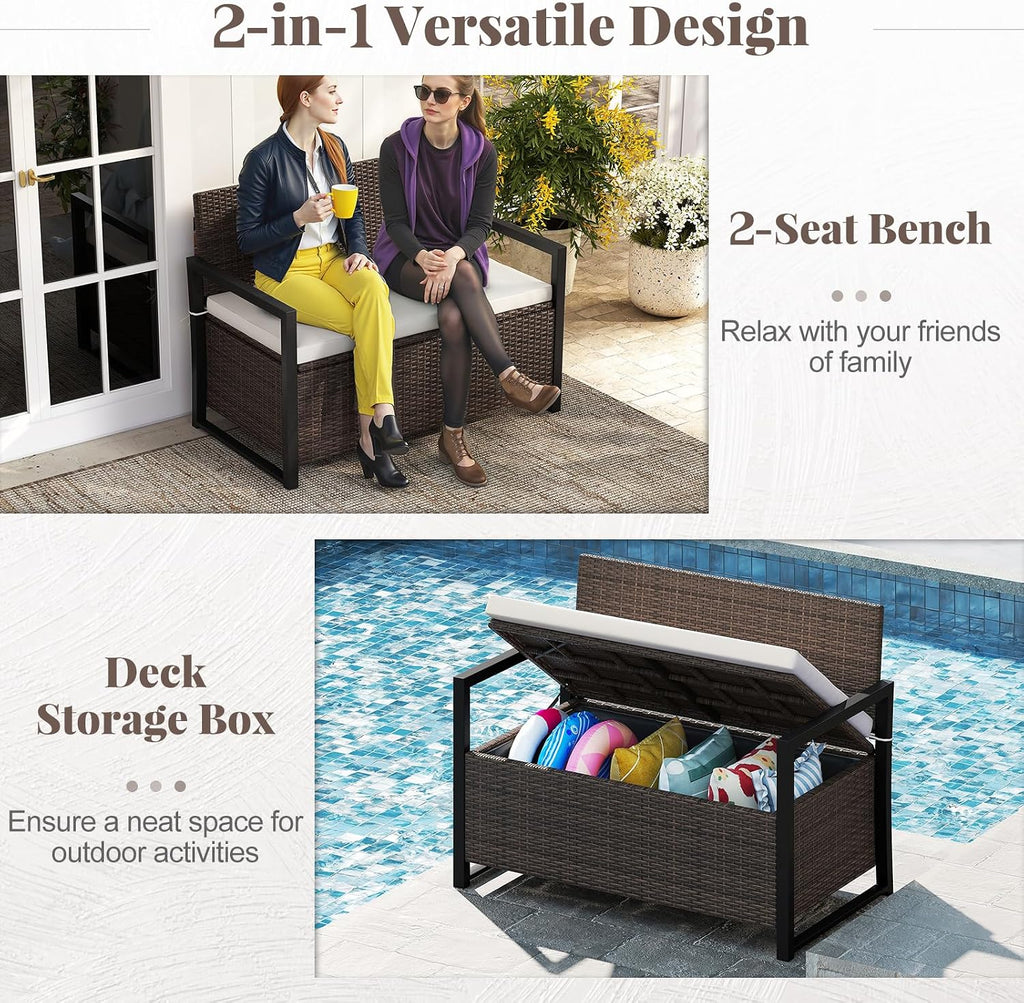 Tangkula 40 Gallon Outdoor Bench with Storage, Patio Wicker Storage Bench with Cushion, Cover, Metal Frame, Deck Box Seat for Backyard, Poolside, Balcony, Garden