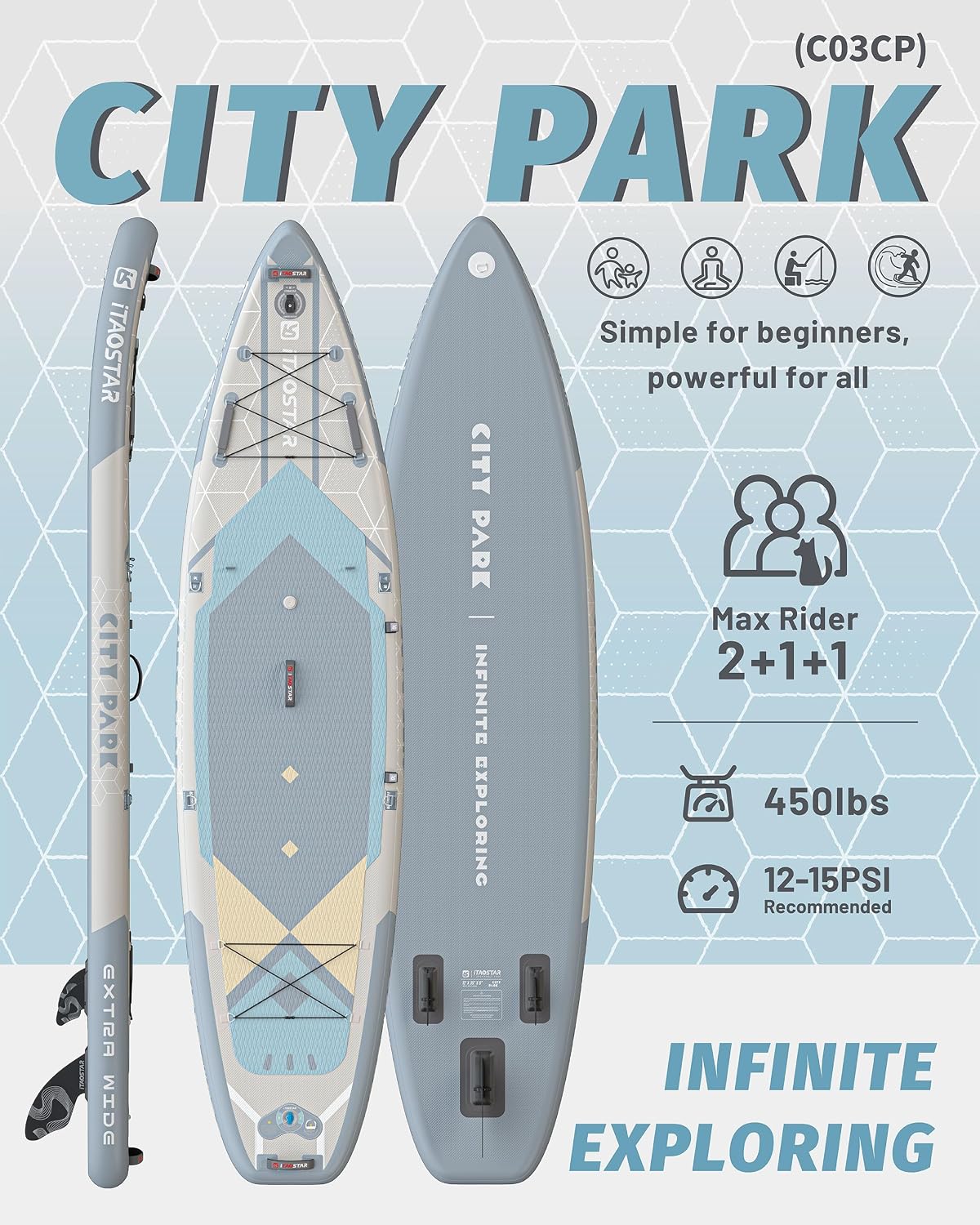 iTAOSTAR City Park 12'×35' Extra Wide Paddle Board with Seat, One-Stop Premium SUP Board Gears, Tailored 5 Fins, Stable Inflatable Stand Up Paddle Boards for Youth/Adults of All Levels