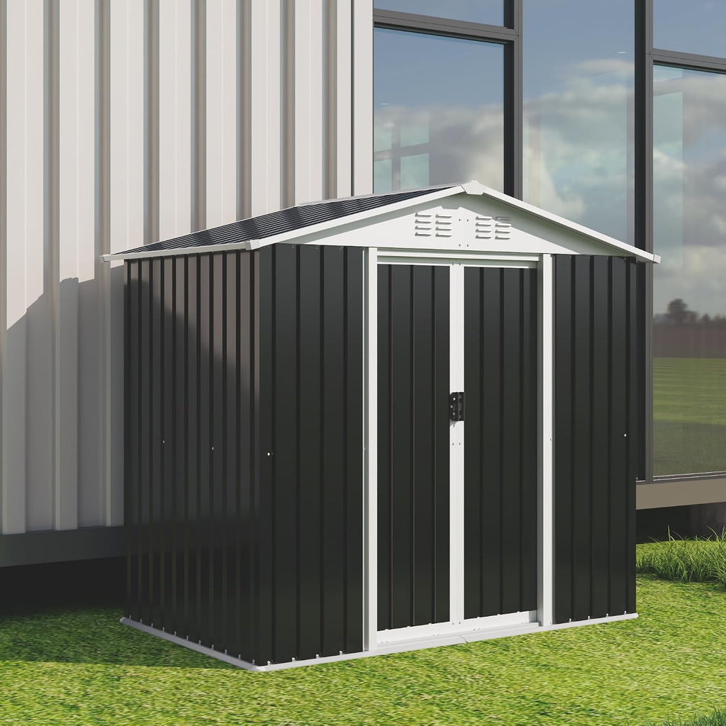 Outdoor Sheds 6FT x 4FT Outdoor Storage, Metal Anti-Corrosion Utility Tool House with Lockable Door & Shutter Vents，Outdoor Waterproof Garden Tool Metal Storage Sheds（Grey）