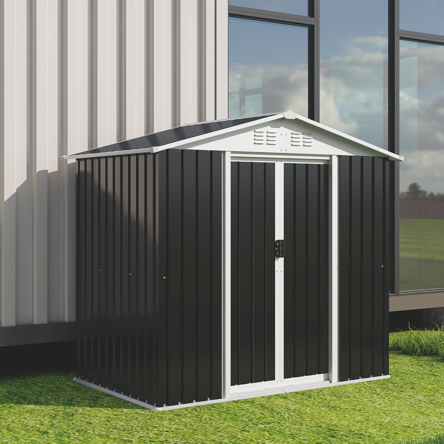Outdoor Sheds 6FT x 4FT Outdoor Storage, Metal Anti-Corrosion Utility Tool House with Lockable Door & Shutter Vents，Outdoor Waterproof Garden Tool Metal Storage Sheds