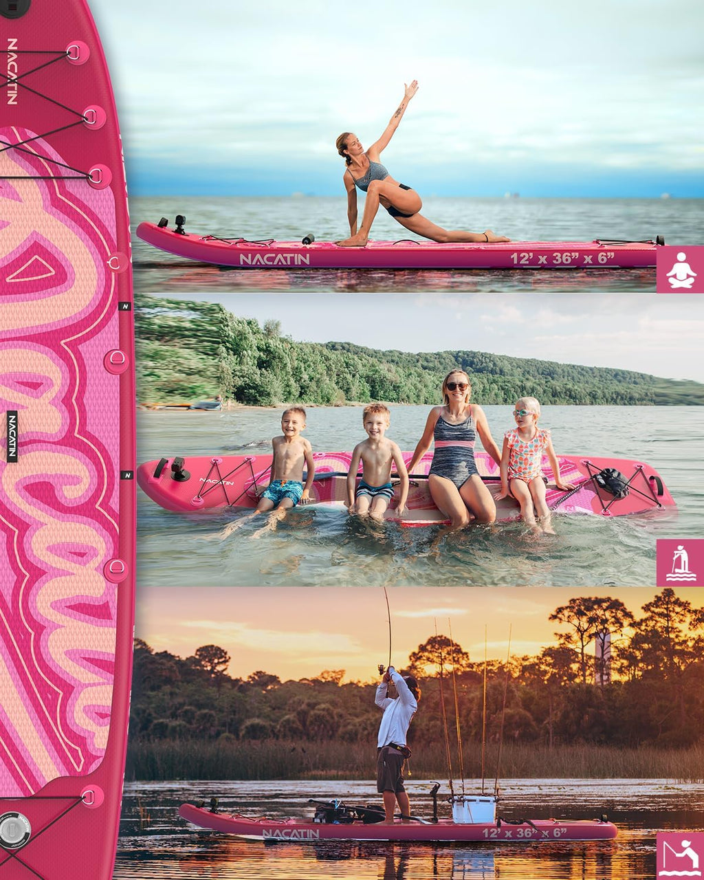NACATIN 12'/366cm Extra Large Inflatable Stand Up Paddle Board with Seat, Wide 36'/91cm SUP Board for Adults & Family, with Single/Double Paddle, Kayak Seat, Pump, Stable Wide Deck for Beginners