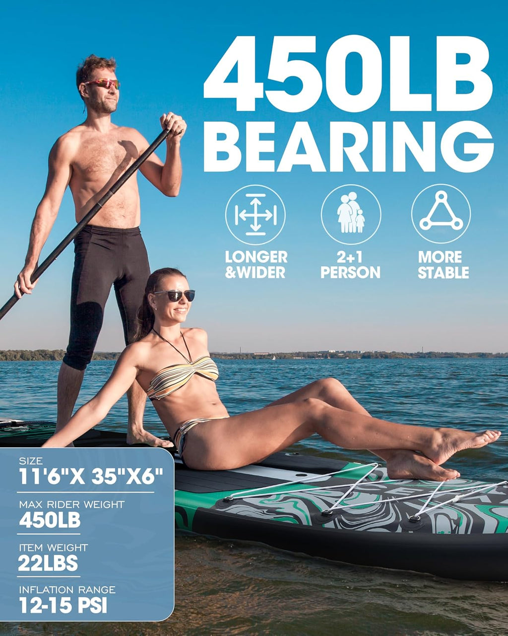 CETANA 11'6×35' Extra Wide Stand Up Paddle Board for Adults & Youth, 400lb Capacity Inflatable Paddle Board, Sup for 2+1 Person with Removable US Fin, 100L Backpack, Floating Paddle, Safety Leash