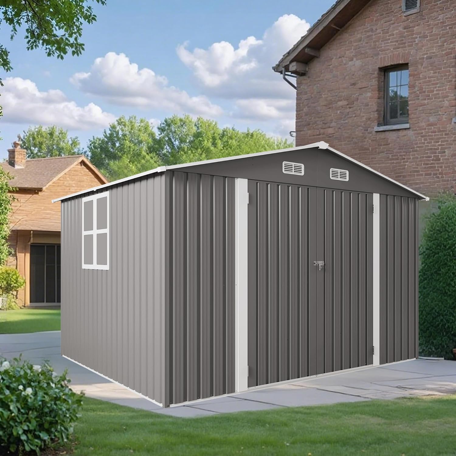 10x8 FT Outdoor Storage Shed, Metal Garden Shed with 4-pane Window, Outside Tool Sheds with Lockable Hinged Doors, Waterproof Storage Building with 4 Air Vents for Backyard, Patio, Lawn, Gray
