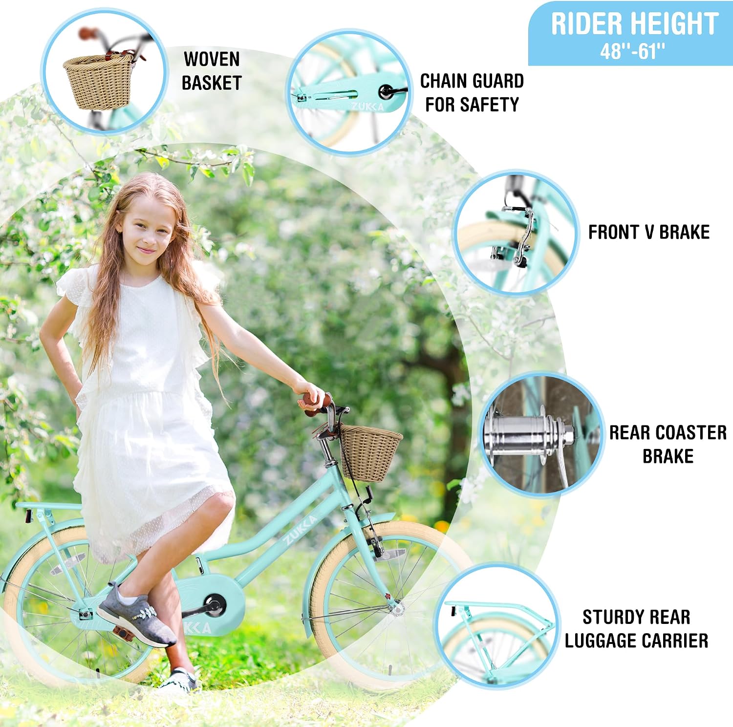 20'/24' Inch Girls Cruiser Bike 1-Speed Hybrid City Bicycle for Youth 7-10+ Years Old with Wicker Basket & Rear Rack，Kids Cycle Bikes，Hand&Pedal Brake，Steel Frame，Multiple Colors