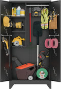 VASAAOSD 75' Metal Storage Cabinet with Lock, Tool Cabinets with Hooks, Heavy-Duty Garage Storage Cabinet for Utility Room, Gym, Basement, Broom Closet, Black