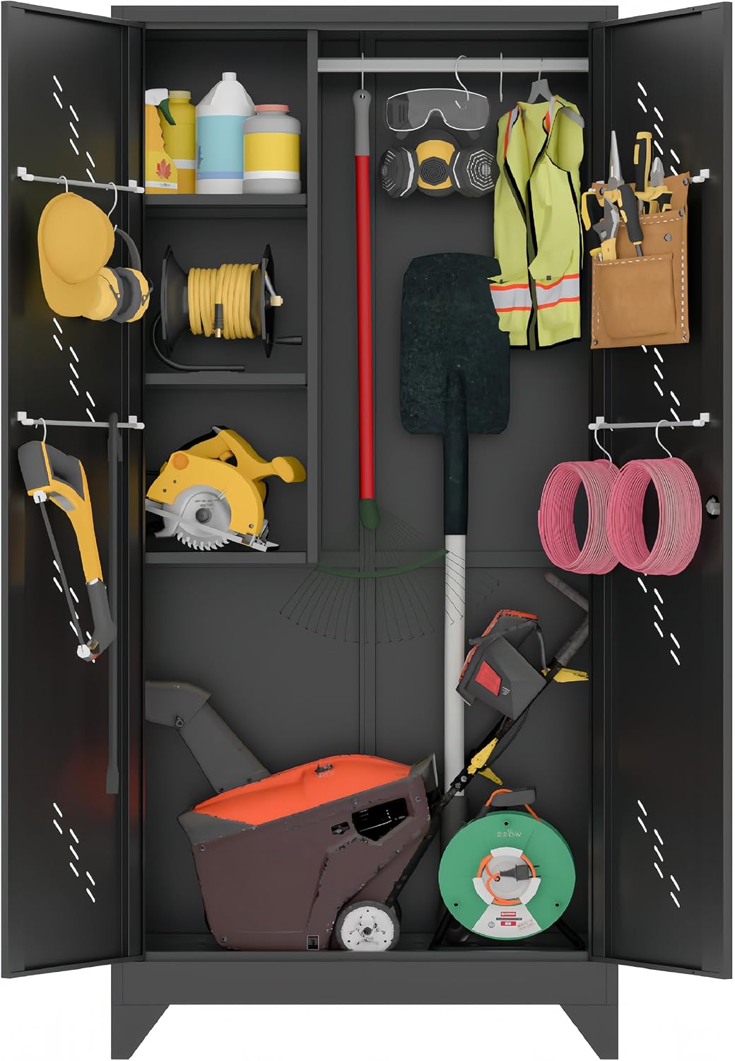 VASAAOSD 75' Metal Storage Cabinet with Lock, Tool Cabinets with Hooks, Heavy-Duty Garage Storage Cabinet for Utility Room, Gym, Basement, Broom Closet, Black