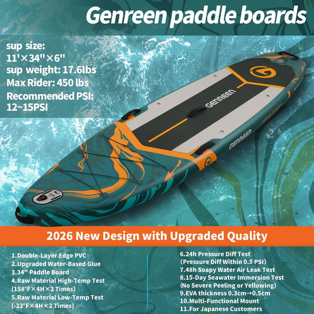 Paddle Board Stand up Paddle Board (Extra Large 11'*33/34') Newly Improved 2 Side Layers 450LBS Quality Inspection×5 (All-Season for JP customers) paddleboards Fishing Family Pet Friendly