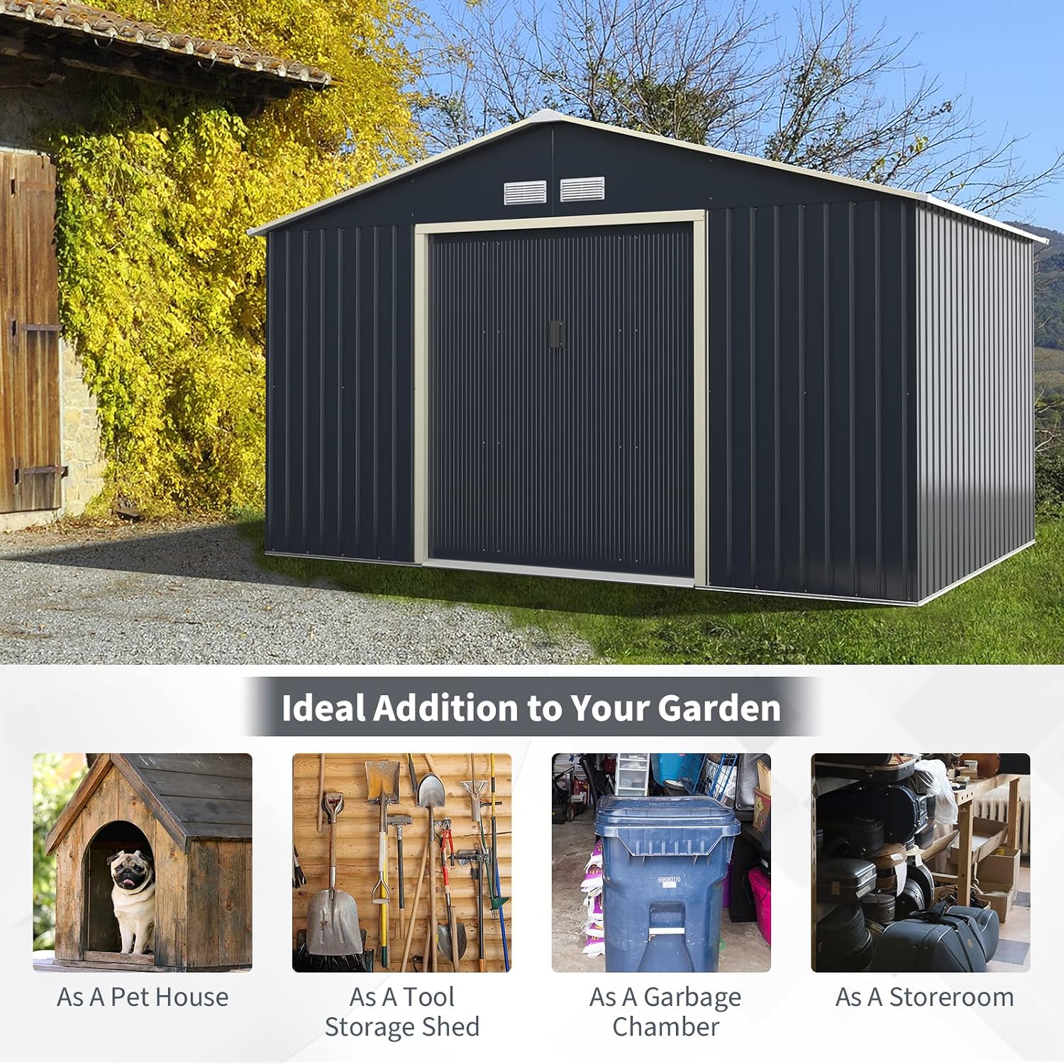 Goplus Storage Shed, Metal 11' X 8' Outdoor Building Organizer with 4 Vents & Double Sliding Door for Garden Backyard Farm (11'X8')