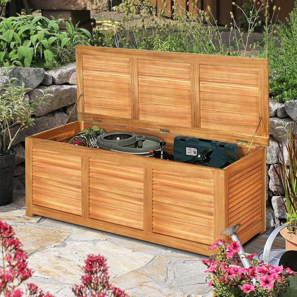 HAPPYGRILL 46 Gallon Acacia Wood Deck Box, Outdoor Storage Box Garden Tools Box Container for Patio Garden Garage
