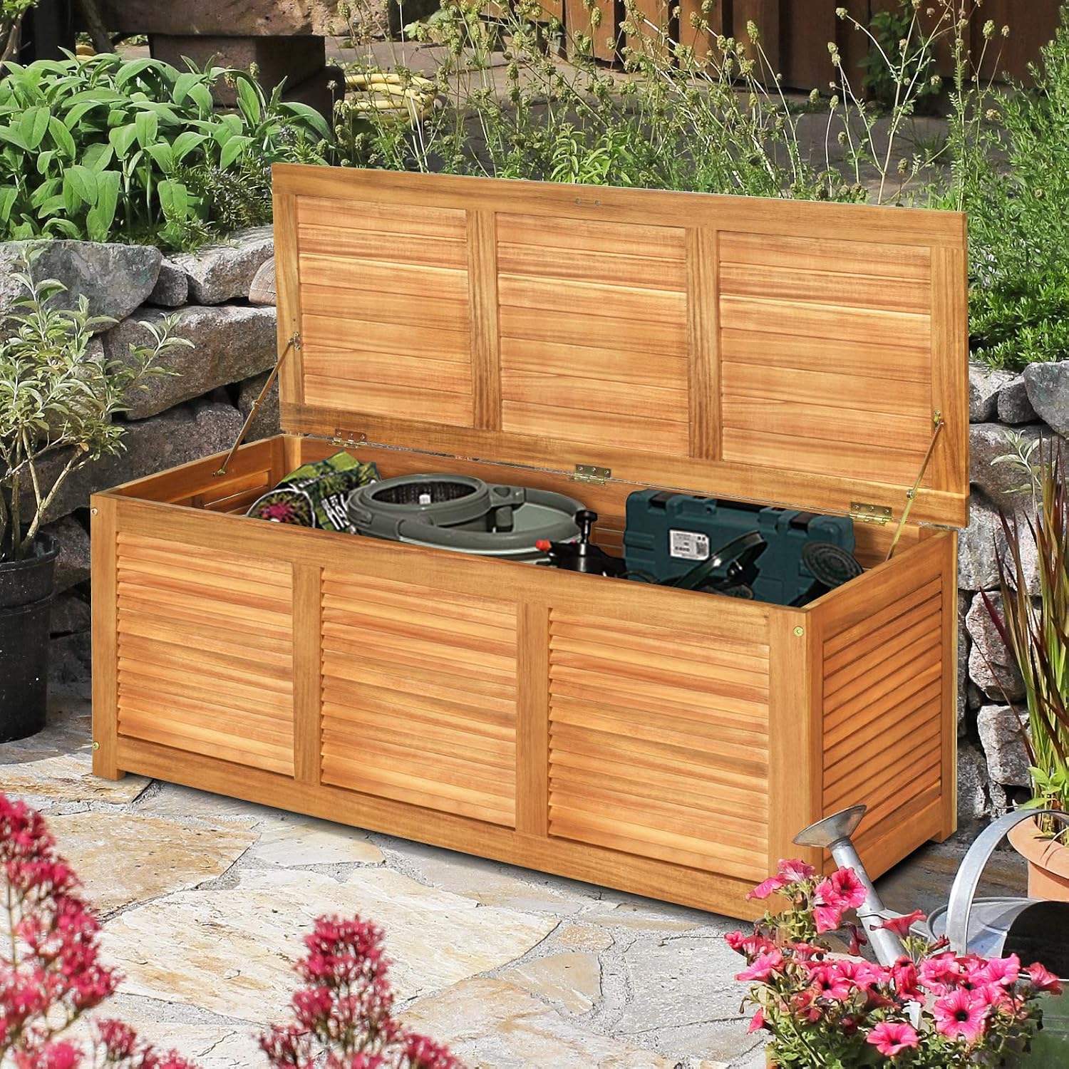 HAPPYGRILL 46 Gallon Acacia Wood Deck Box, Outdoor Storage Box Garden Tools Box Container for Patio Garden Garage