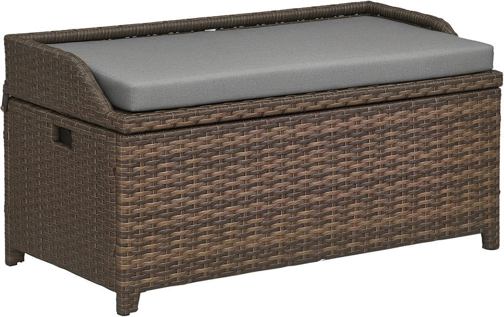 Outsunny 38 Gallon Outdoor Wicker Storage Bench Deck Box, PE Rattan Patio Furniture Pool Storage Bin Container with Interior Waterproof Cloth Bag and Comfortable Cushion, Cream White