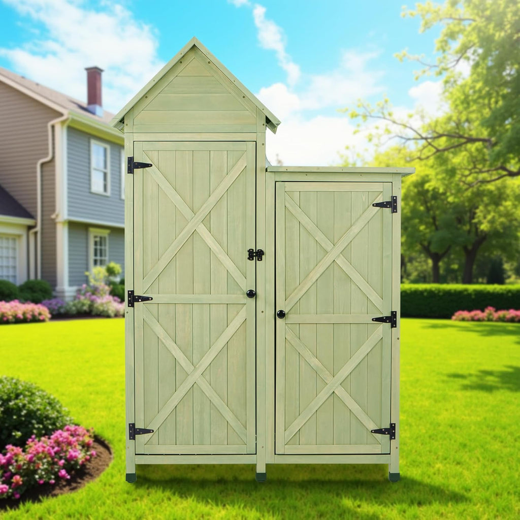 Outdoor Storage Cabinet - Waterproof Metal Roof & Wooden Vertical Design, Tall Garden Tool Shed with Multiple Shelves for Patio, Backyard, Lawn, Yard (Green, 22' x 46' x 67')