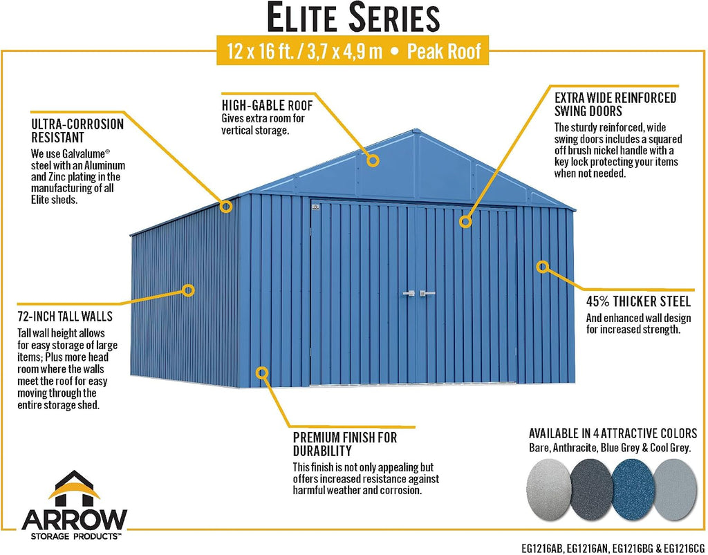Arrow Shed Elite 12' x 16' Tall Outdoor Steel Storage Shed with High Gable and Lockable Doors Storage Building, Anthracite