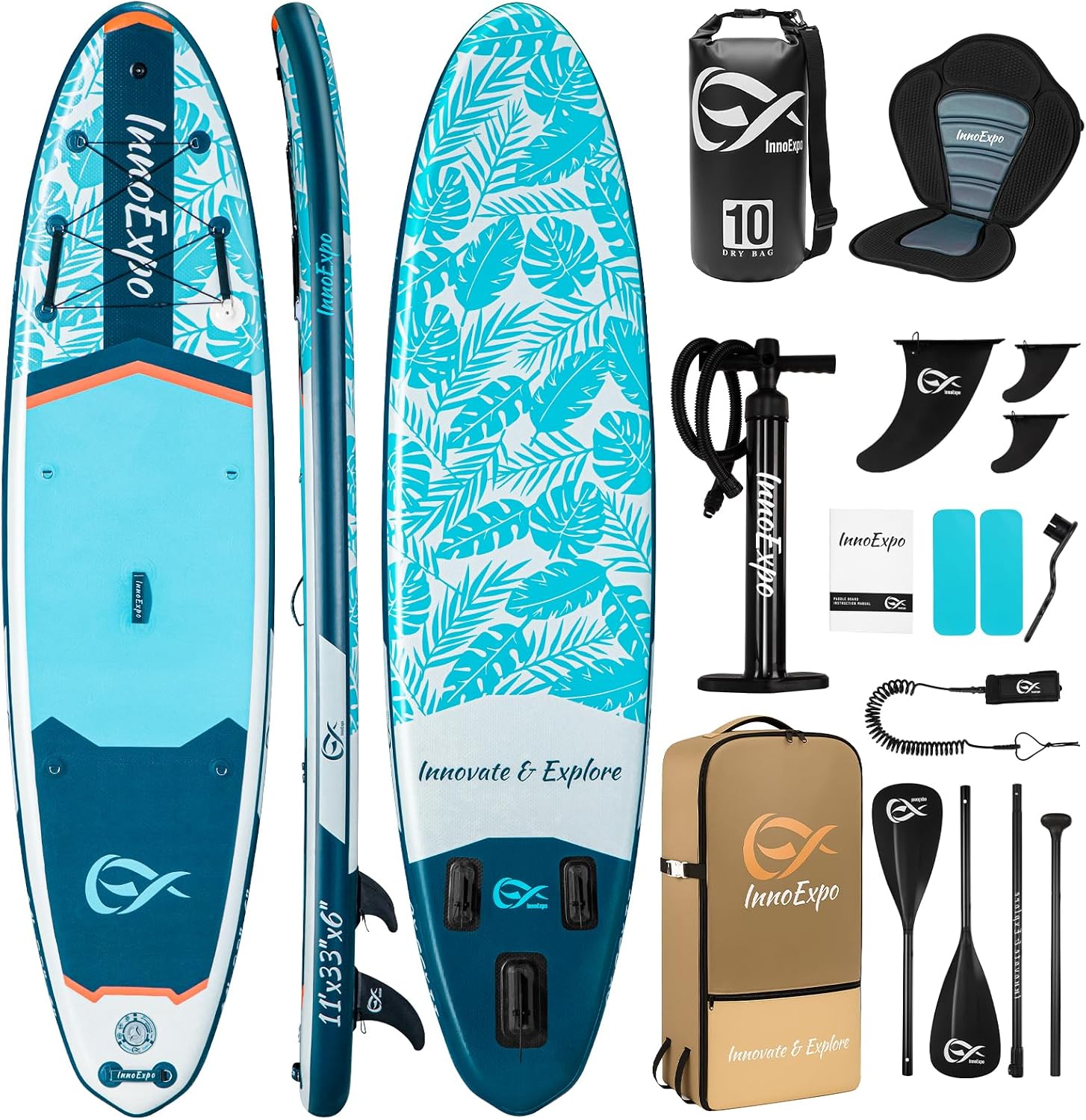 InnoExpo 11' Inflatable Stand Up Paddle Boards with Premium Accessories, Wide Stable SUP Paddle Board Design, Non-Slip Comfort Deck for Youth & Adults
