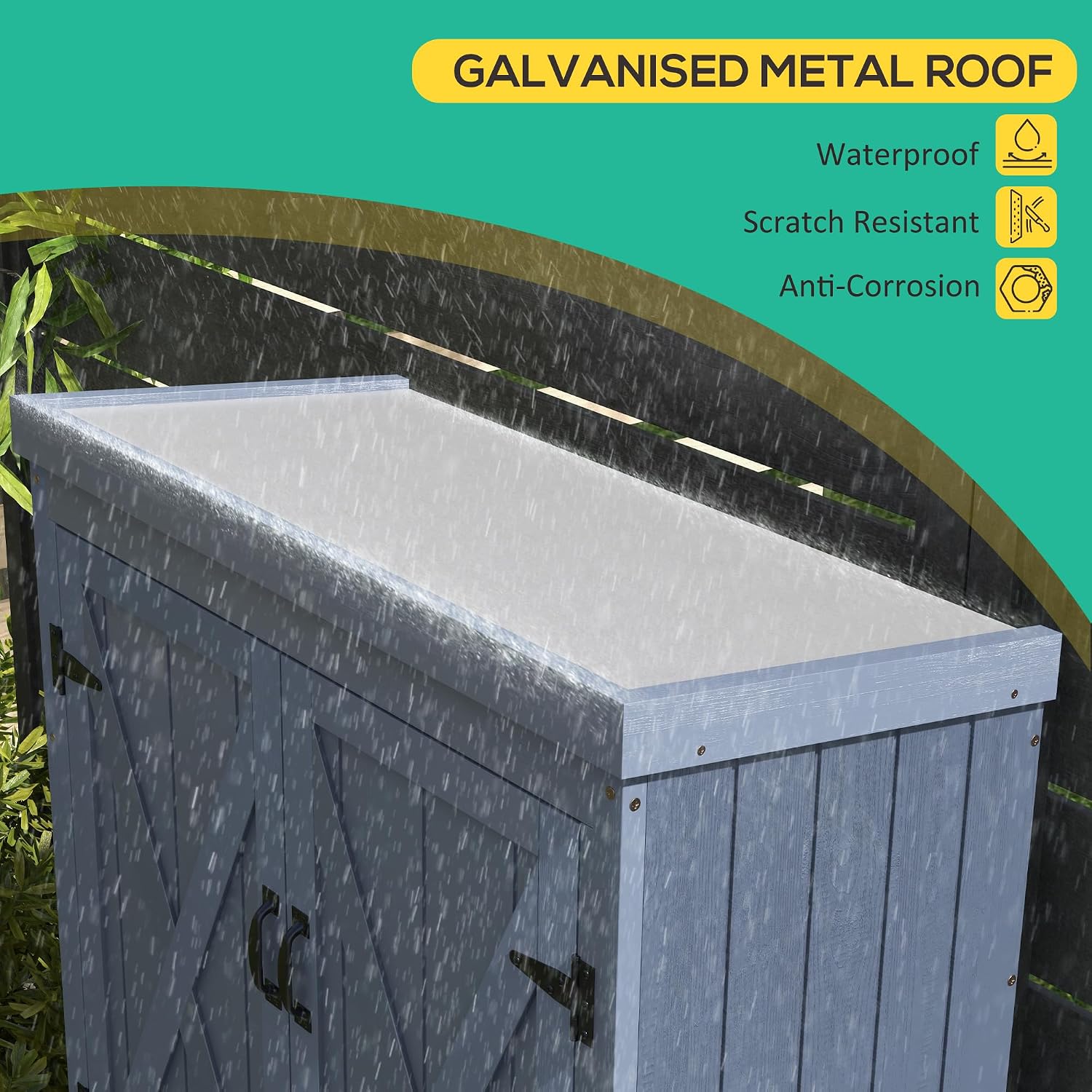 Outsunny Wooden Garden Shed, Outdoor Storage Cabinet with Waterproof Galvanized Metal Roof, Narrow Tool Shed with 3 Shelves and Lockable Door, Gray
