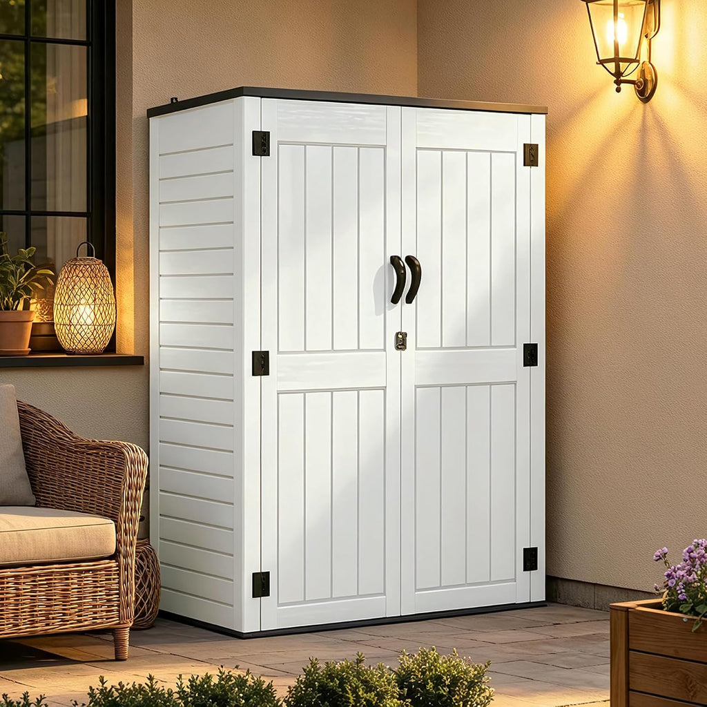 ZYJOYY 4.5 x 5.7 FT Outdoor Storage Shed, 59 Cuft Outside Waterproof Storage Cabinet, HDPE Resin Plastic 385 Gallon Outdoor Storage Container, Vertical Lockable Storage Shed, Light Grey