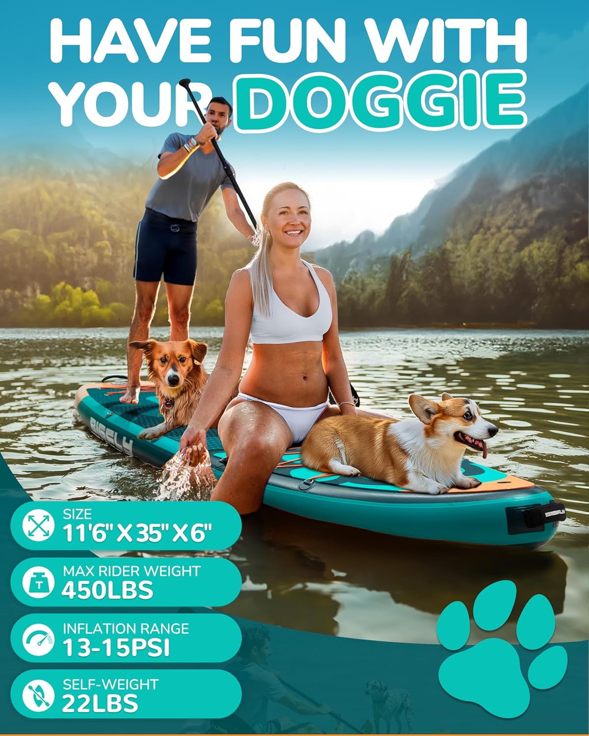 Bigfly 11'6×35' Super Wide Inflatable Stand Up Paddle Board, Ultra Stable Wide SUP for 2+1 People/Family/Big Size, 100L Backpack, All-Round Sup Board, US Big Fin