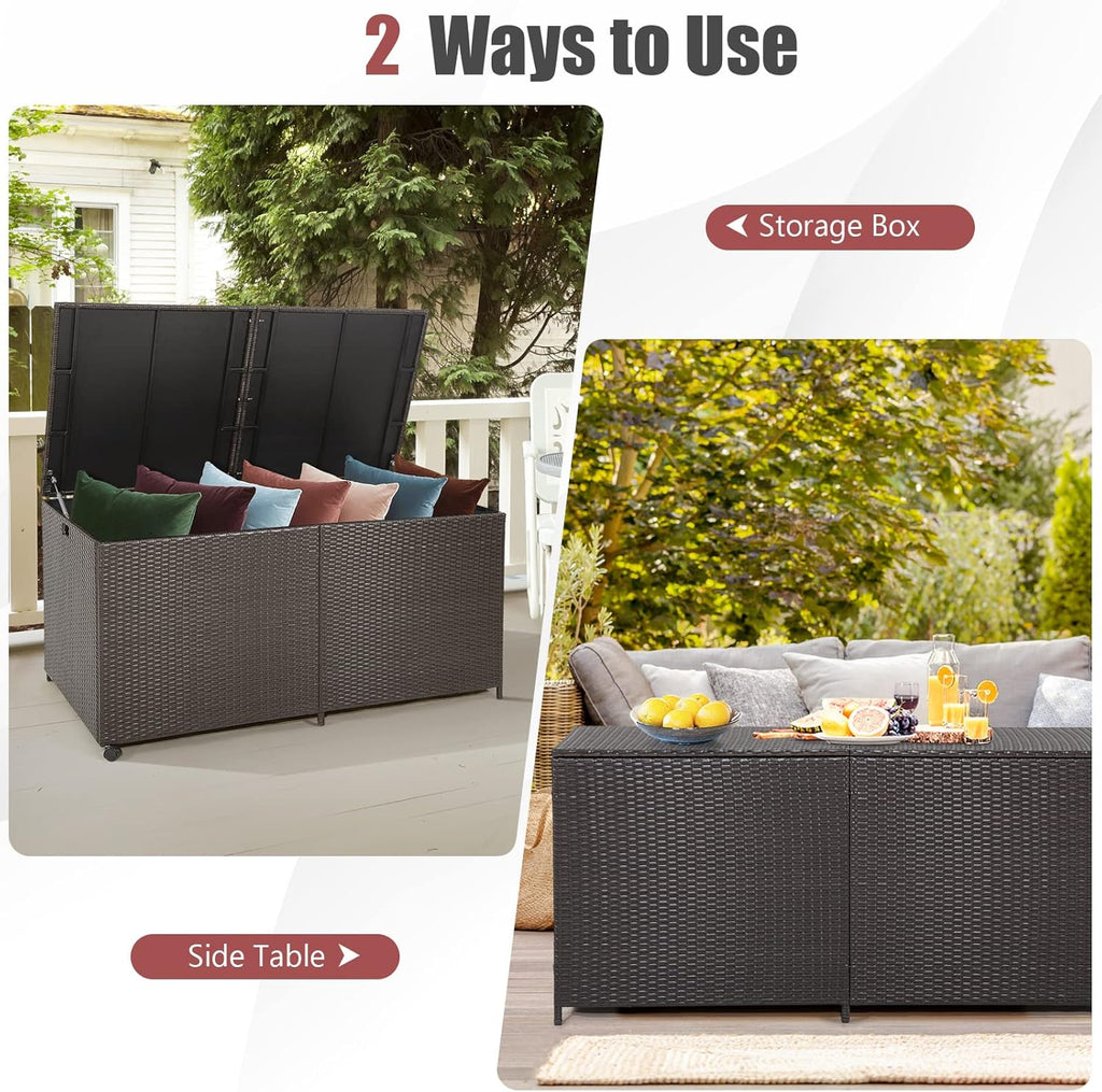 Tangkula 175 Gallon Outdoor Storage Box, Wicker Patio Deck Box with 2 Universal Wheels and Waterproof Zippered Liner, Outdoor Storage Container for Cushions, and Garden Tools