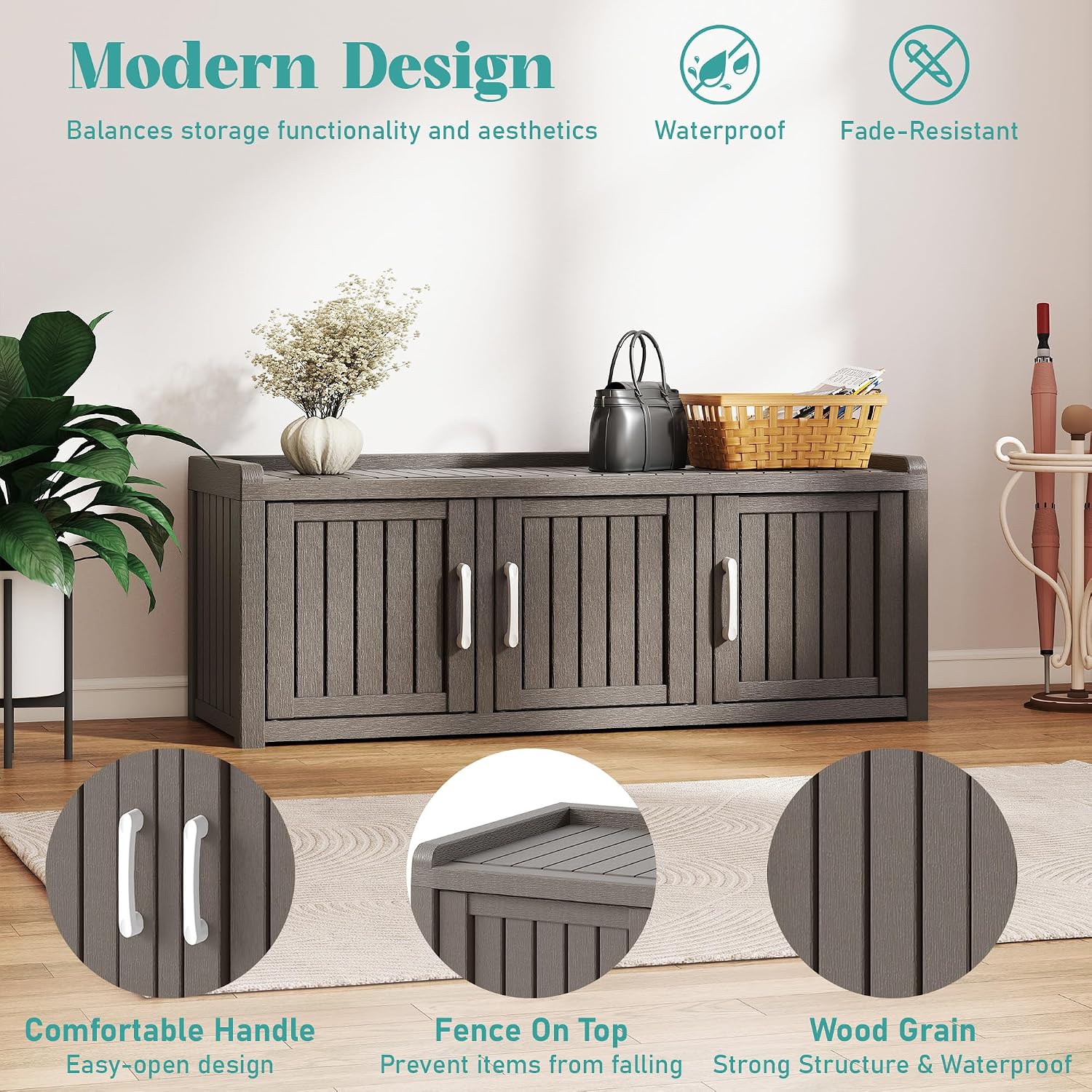 NUNU LAB Shoe Storage Cabinet, Waterproof Shoe Organizer with Adjustable Shelves, UV-Resistant Entryway Shoe Cabinet Bench with 3 Barn Doors for Indoor Outdoor, Foyer, Hallway, Living Room,Grey