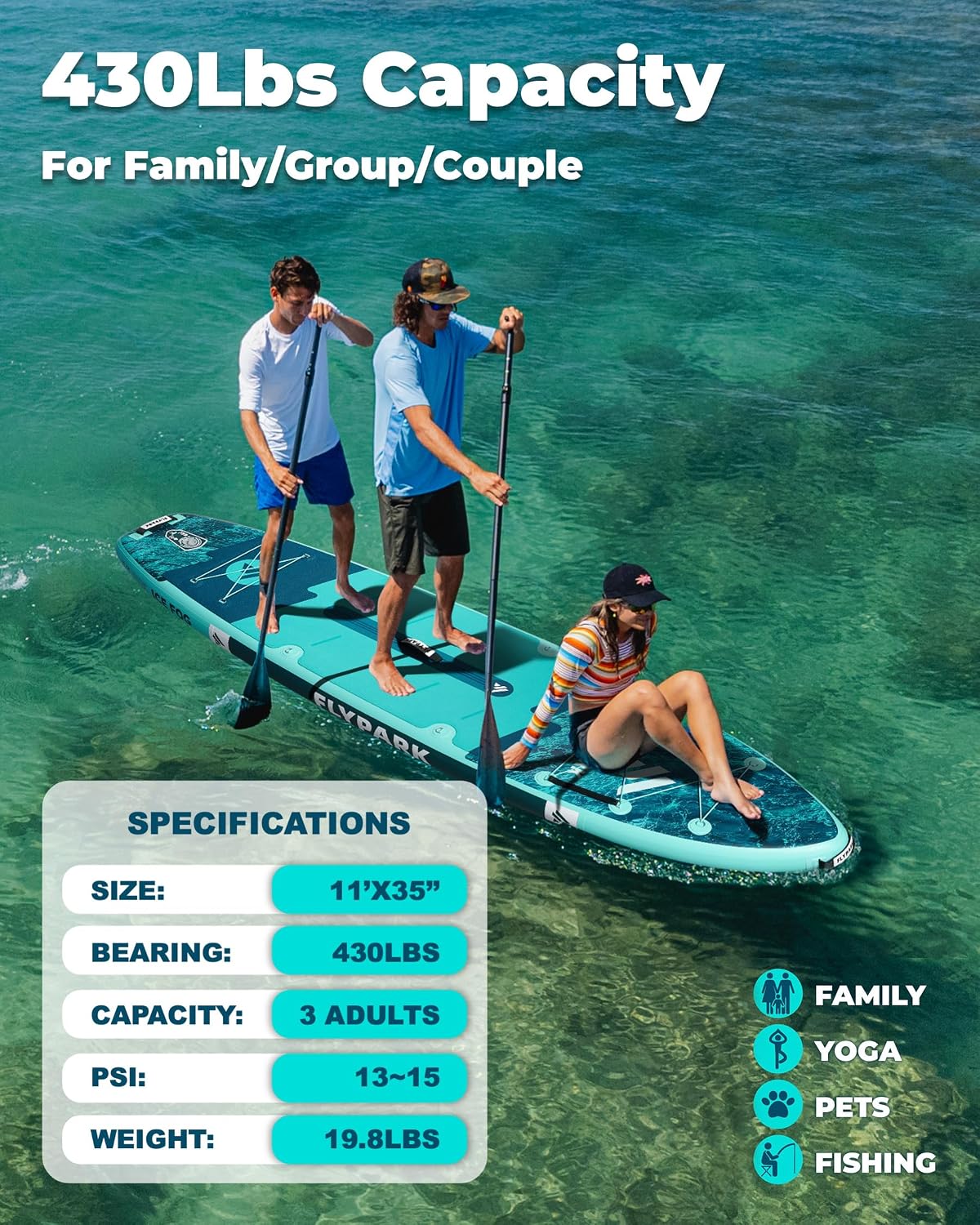 Flypark 10'8/11'x35'' Fishing&Family Stable Inflatable Paddle Boards, Extra Wide SUP Paddleboard Inflatable, 430lb/3 People, Stand Up Paddle Board for Adults, Camera Mount, Shoulder Strap, Rod Holder