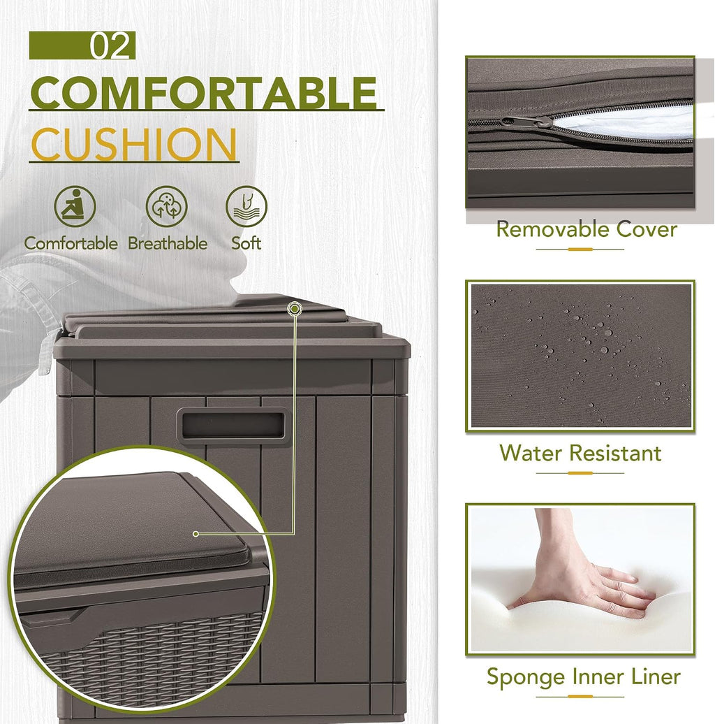 GUNJI 100 Gallon Resin Deck Box with Cushion,Outdoor Weatherproof Large Storage Box,Lockable Storage Container for Patio Furniture,Garden Tools,Pool Supplies (Brown)