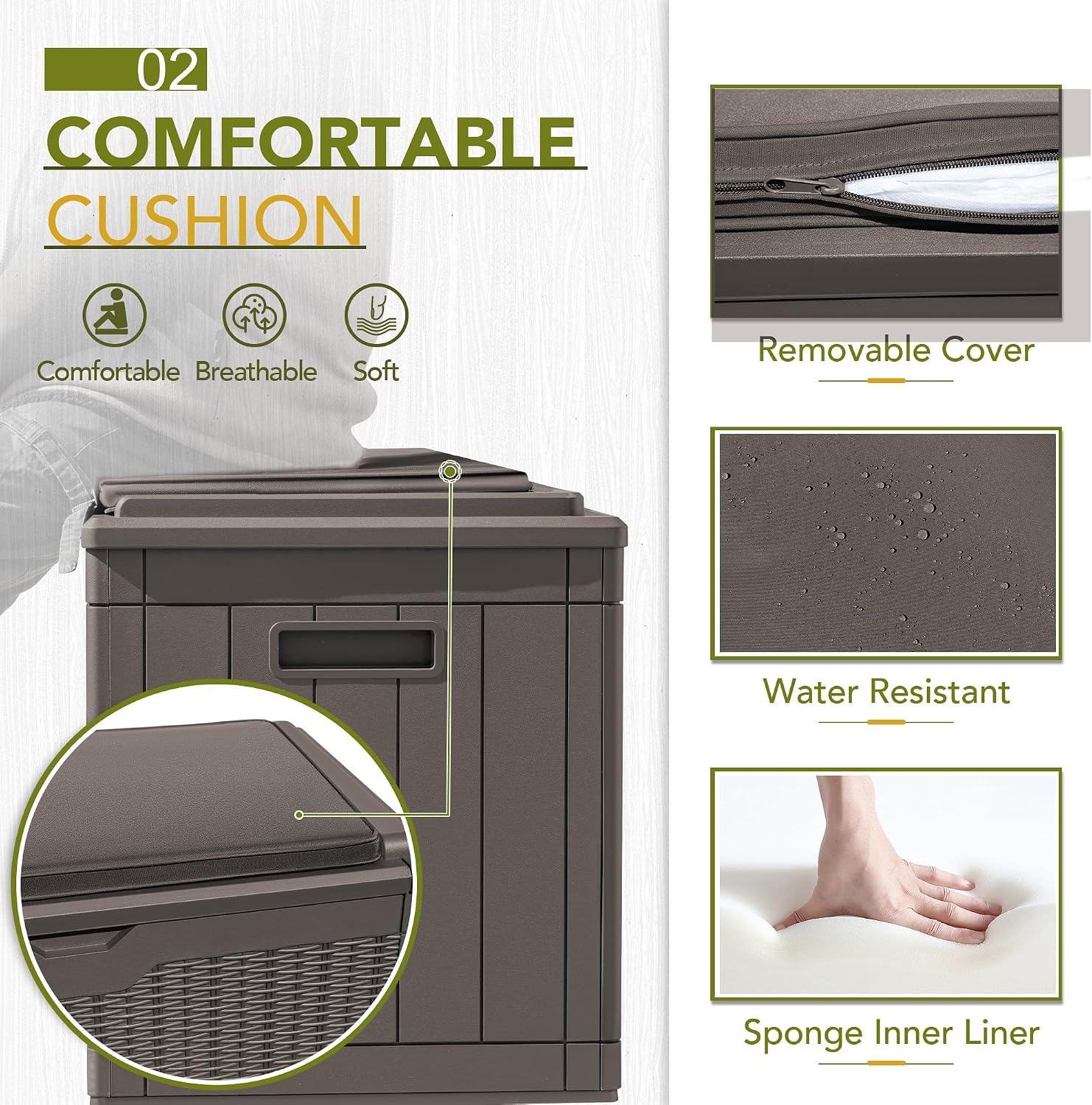 GUNJI 100 Gallon Resin Deck Box with Cushion,Outdoor Weatherproof Large Storage Box,Lockable Storage Container for Patio Furniture,Garden Tools,Pool Supplies (Brown)