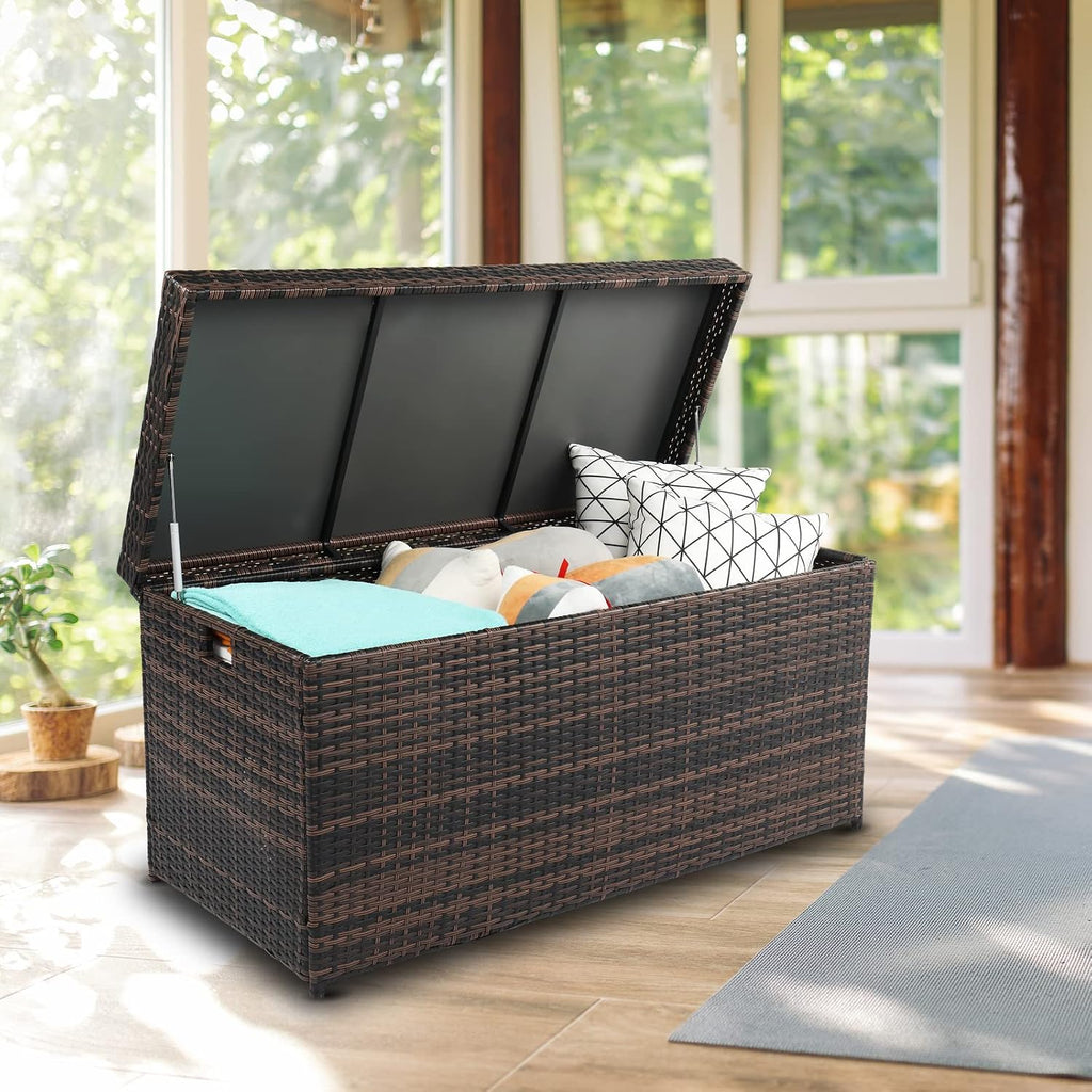 VINGLI Outdoor Wicker Storage Box, 132 Gallon Patio Rattan Deck Box, Wicker Storage Bench for Indoor & Outdoor Use