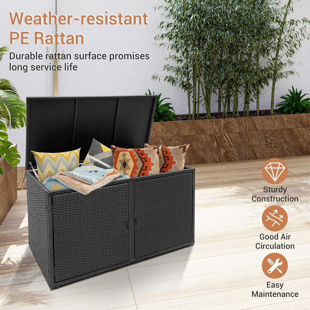Giantex Rattan Deck Box Outdoor&Indoor 88 Gallon Wicker Storage Bench W/Separate Storage Shelf, Openable Door, Steel Fram, Tools Storage for Patio,Garden, Balcony, Porch, Yard Storage Box (Black)