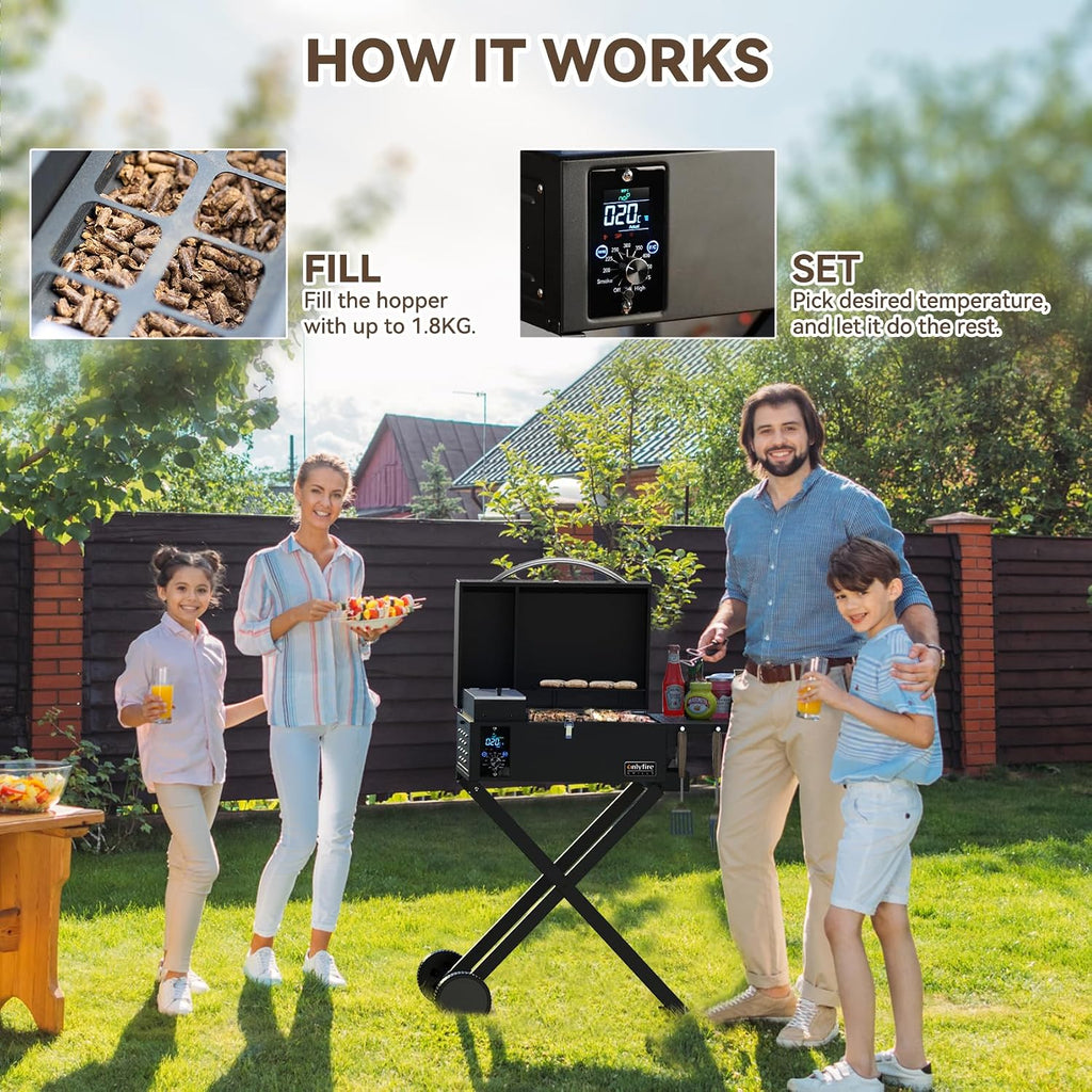 ONLYFIRE GRILLS BBQ Wood Pellet Grill Smoker with Foldable Cart, Meat Probe, 2 Tiers Cooking Area, Portable Grilling Stove for Outdoor Kitchen Cooking Smoke and Roast, RV Camping, Black GS343