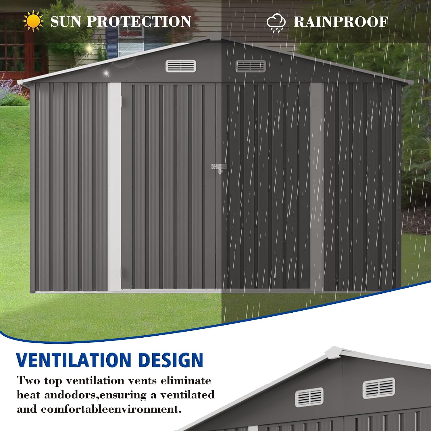 10x8 FT Outdoor Storage Shed, Metal Garden Shed with 4-pane Window, Outside Tool Sheds with Lockable Hinged Doors, Waterproof Storage Building with 4 Air Vents for Backyard, Patio, Lawn, Gray