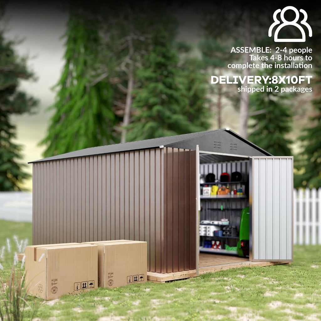 GarveeLife 8 x 12 ft Outdoor Storage Shed, Metal Garden Shed with Updated Frame Structure, Tool Sheds with Lockable Doors, Bike Storage Shed for Backyard Garden Patio Lawn