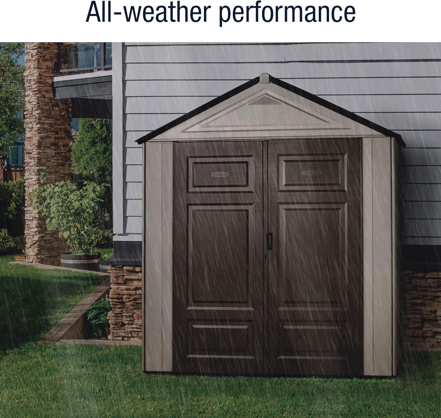 Rubbermaid Resin Outdoor Storage Shed With Floor (7 x 3.5 Ft.) Weather Resistant Brown/Grey Organization for Home/Lawn Mower/Backyard Equipment/Bike Storage/Pool Supplies