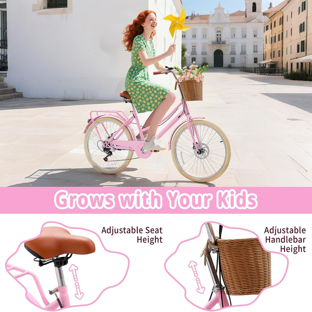 DEYGIA Kids Bike, Retro Cruiser Bike for Girls, 20 24 Inch 7-Speed Kids Bicycles for Ages 6-14 Girls Youth with Rattan Basket, Dual-Disc Brake Carbon Steel Frame Lightweight Bicycle, Multiple Colors