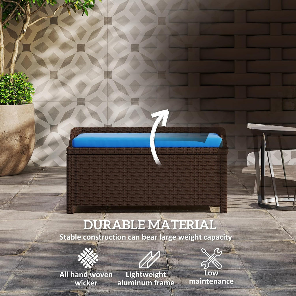 Outsunny Outdoor Wicker Storage Bench Deck Box, PE Rattan Patio Furniture Pool Storage Bin Container with Interior Waterproof Cloth Bag and Comfortable Cushion, Navy Blue